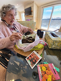 A client scoops soil from a bag as they plant tomato and flower seeds