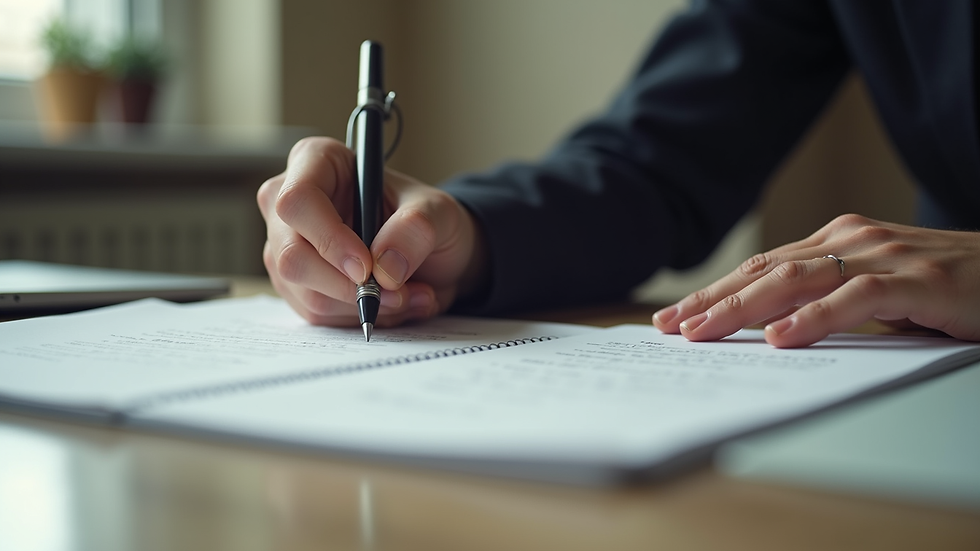 eye-level view of a person writing a script on a notebook