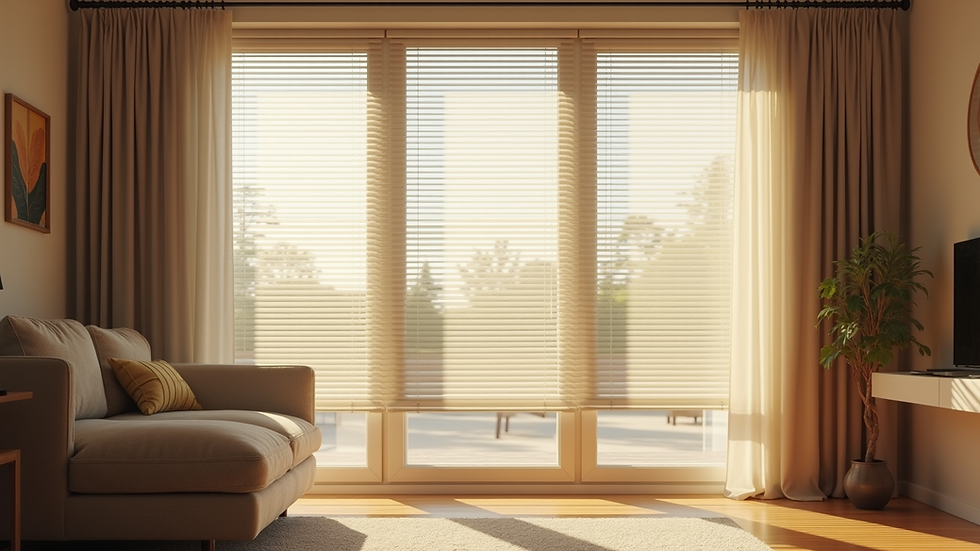 Eye-level view of a living room window with custom blinds filtering sunlight