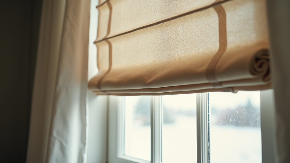 Close-up view of a window with layered Roman shades in neutral tones