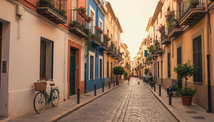Eye-level view of a narrow Spanish street with a bicycle beside colourful apartment balconies