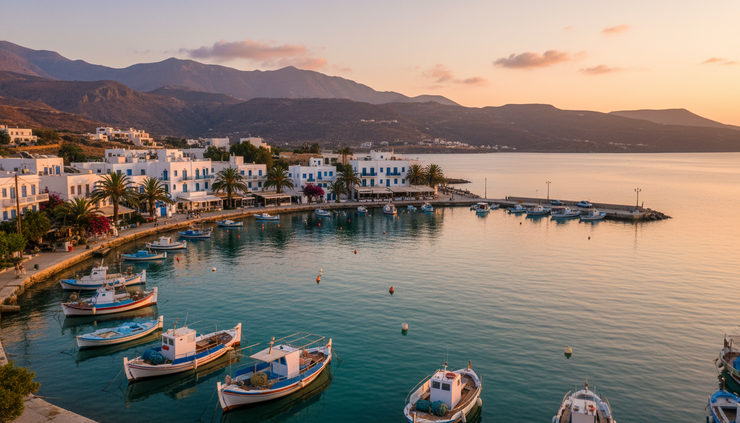 High-angle view of a Greek harbour with small boats and white houses near the water