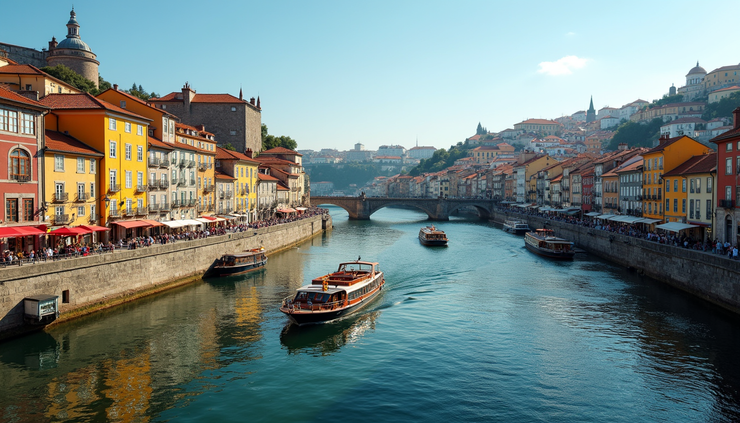 Eye-level view of the colorful Ribeira district along the Douro River in Porto