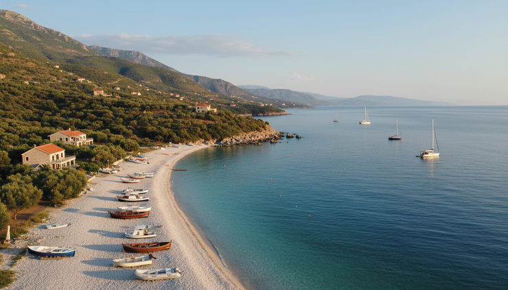 Wide-angle view of turquoise water and white boats along the Albanian Riviera.