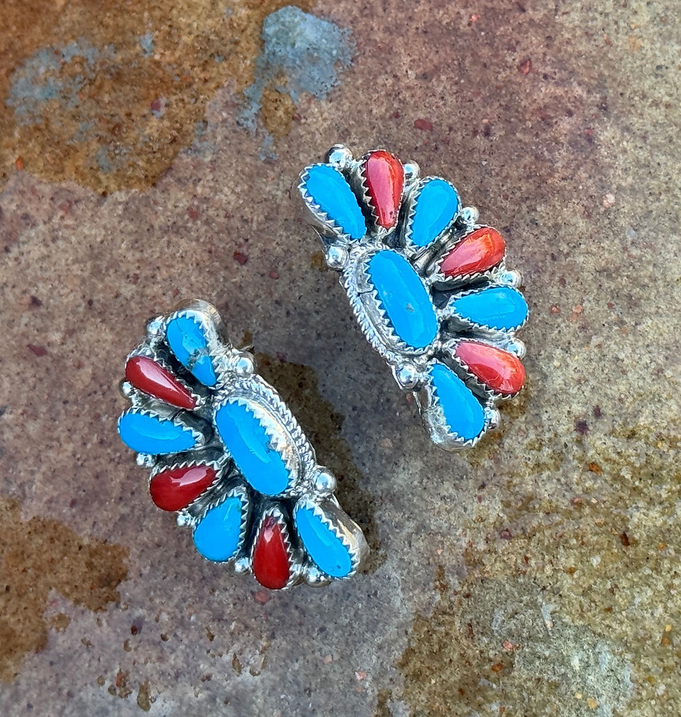Thumbnail: Turquoise & Coral Half Cluster Earrings