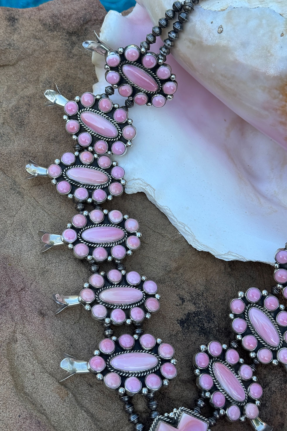 Thumbnail: Pink Conch Cross Squash Blossom Necklace