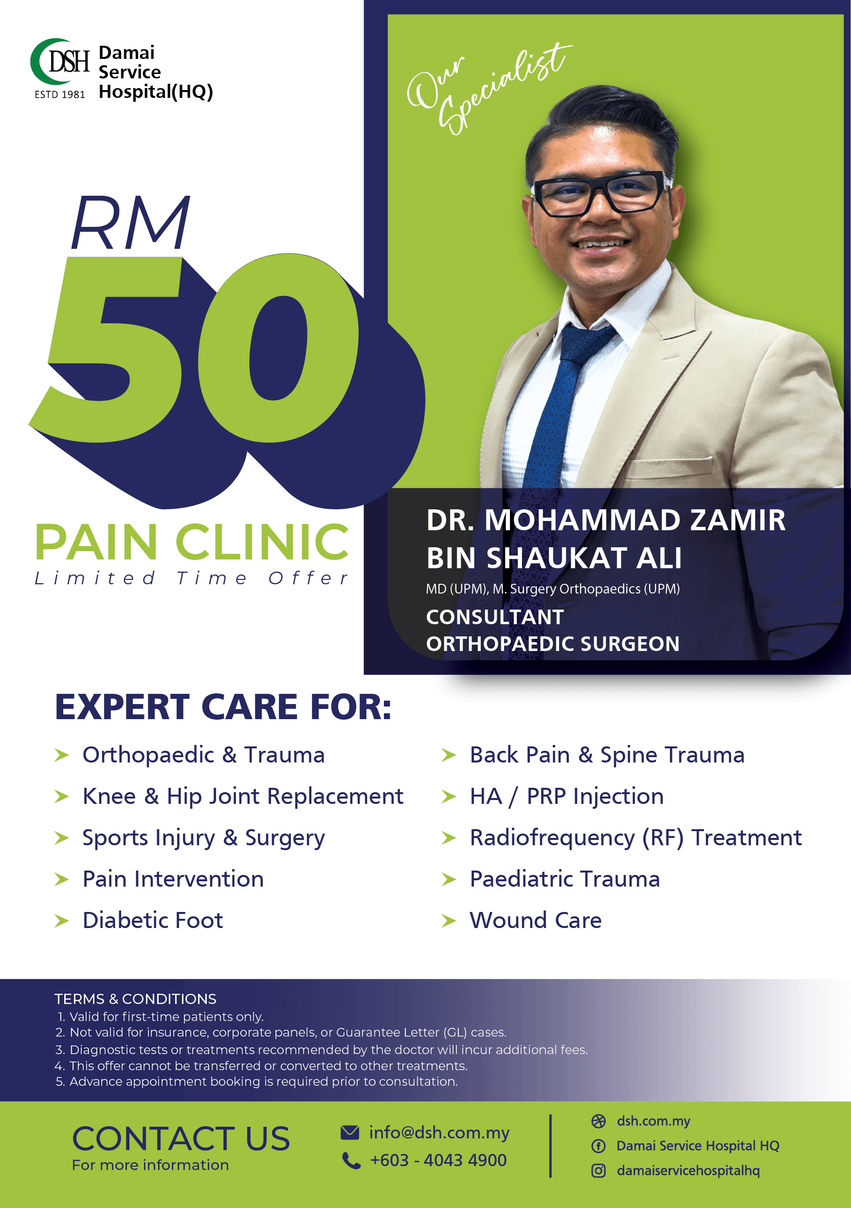 RM50 orthopaedic pain clinic in KL with Dr Zamir providing evaluation for joint stiffness, knee swelling, muscle strain, shoulder pain, and walking difficulty, offering fast assessment for patients searching for a specialist for persistent pain symptoms.