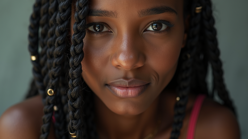 Close-up of intricate cornrow braids with metallic rings