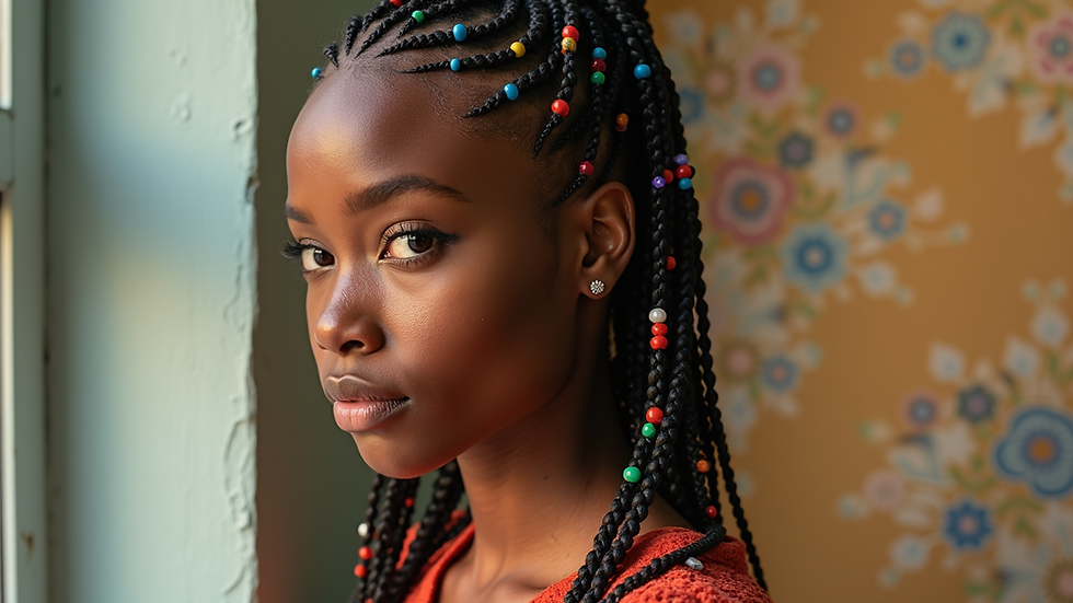 Eye-level view of a vibrant braided hairstyle with colorful beads
