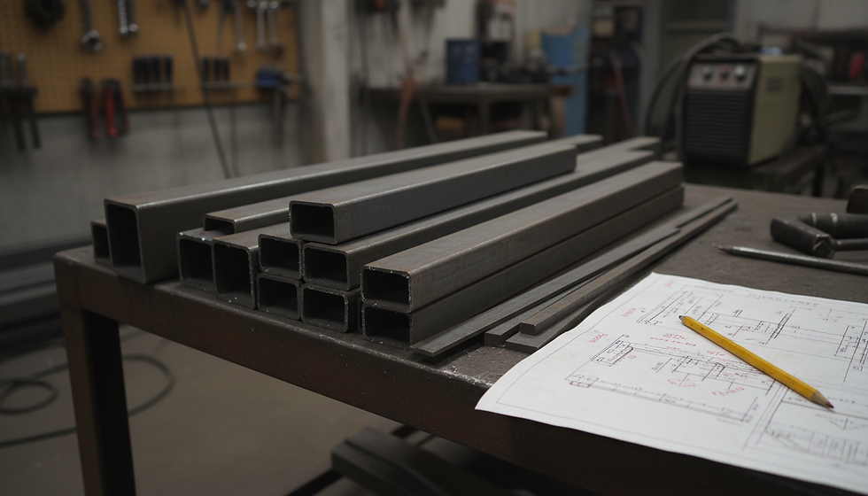 Wide-angle view of a steel fabrication bench with simple cut plates and marked beams