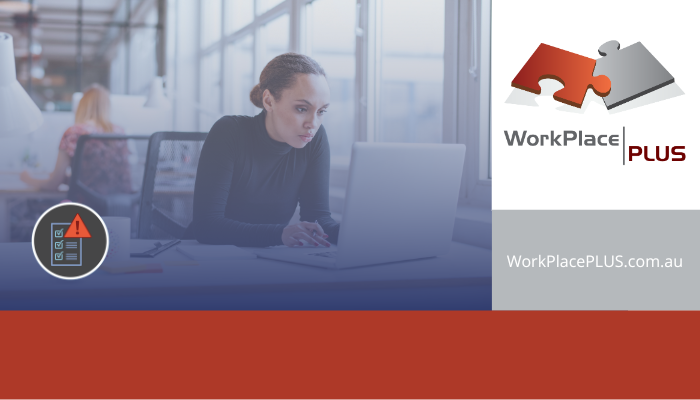 Woman working on a laptop in an office beside Workplace Plus logo, checklist warning icon, and workplaceplus.com.au text.