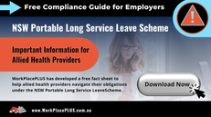 Free compliance guide for allied health providers regarding NSW Portable Long Service Leave Scheme ad. Woman on phone, call-to-action button, and informational text.