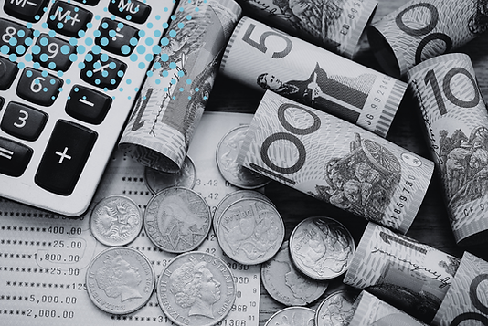 rolls of Australian cash, coins, calculator