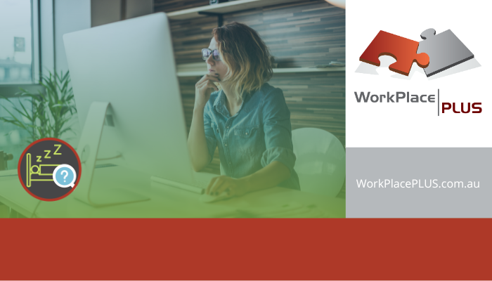 Woman in blue shirt working at computer in modern office. Logo with puzzle pieces reads "WorkPlacePLUS." Website: WorkPlacePLUS.com.au.