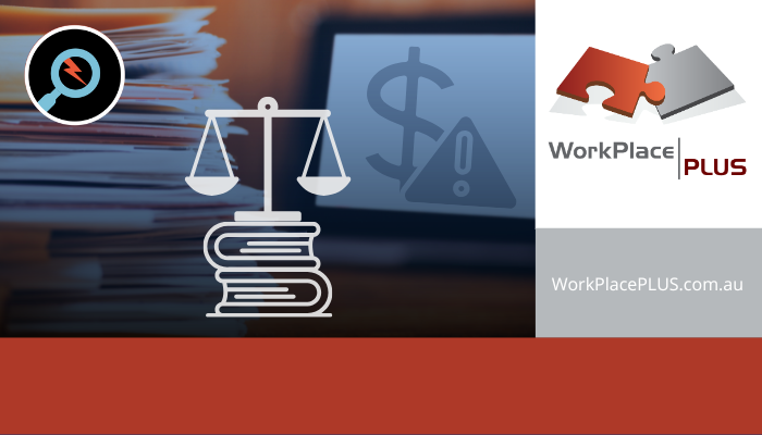 Scales over books, dollar sign, and warning icon on files background. WorkPlace PLUS logo and website text on right. Reds and greys dominate.