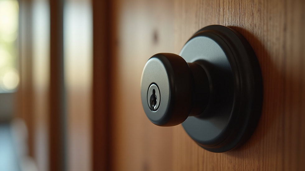 Close-up view of a modern deadbolt lock on a wooden door