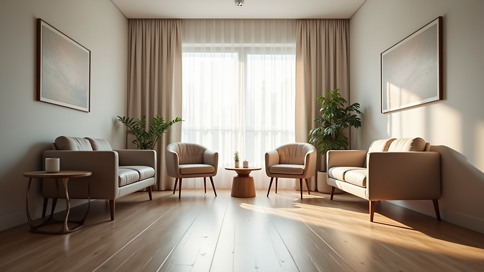 Eye-level view of a calm therapy room with comfortable chairs