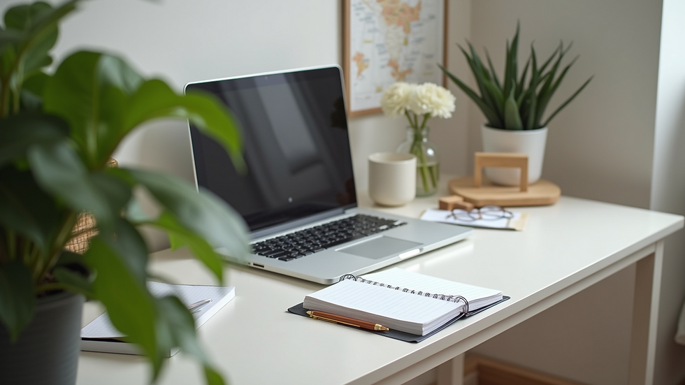 High angle view of a therapist's desk with a laptop, notebook, and calming decor
