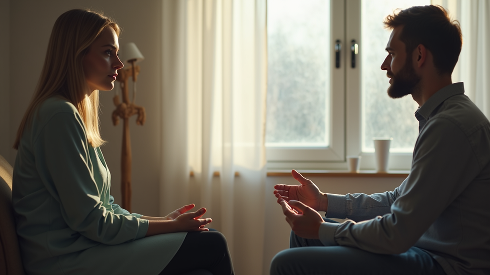 Close-up view of a calm therapy session with a counselor and client in a softly lit room
