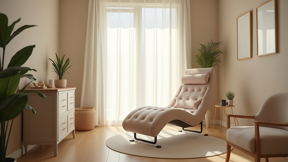 Eye-level view of a calm therapy room with a comfortable chair and soft lighting