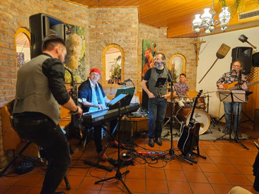 Live-Konzert vom Kulturzirkel in Brunn am Gebirge – Die Weinbergmusikanten auf der Bühne im Weingut Niegl. Publikum genießt die Musik in stimmungsvoller Atmosphäre.