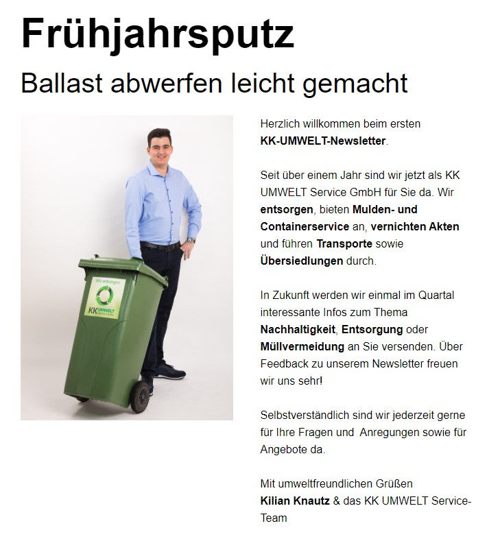 KK Umwelt Service: Unser Nachhaltigkeits & Entsorgungs-Newsletter gibt einmal im Quartal Tipps für ein nachhaltiges Leben.