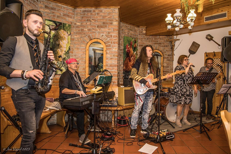 Live-Konzert vom Kulturzirkel in Brunn am Gebirge – Die Weinbergmusikanten auf der Bühne im Weingut Niegl. Publikum genießt die Musik in stimmungsvoller Atmosphäre.