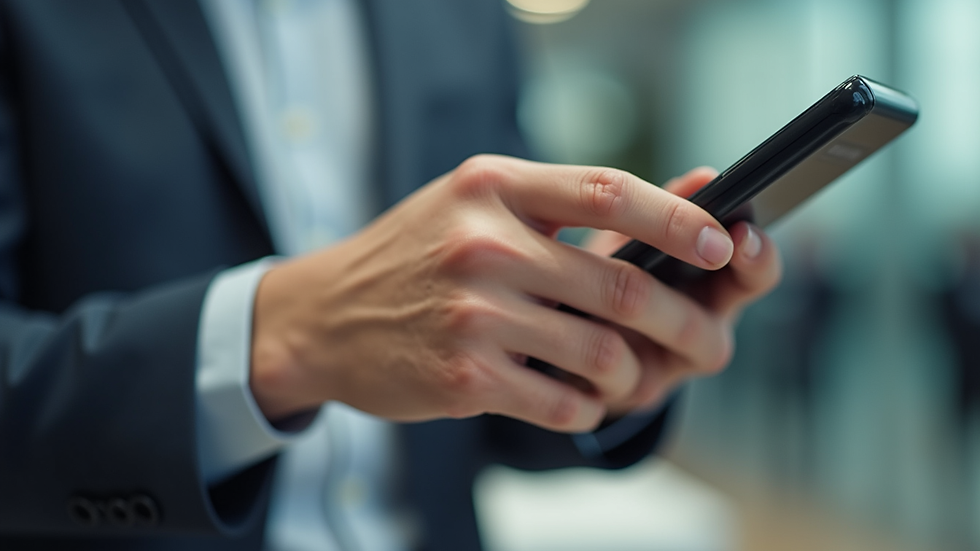 Plano detalle de manos usando teléfono IP en oficina moderna