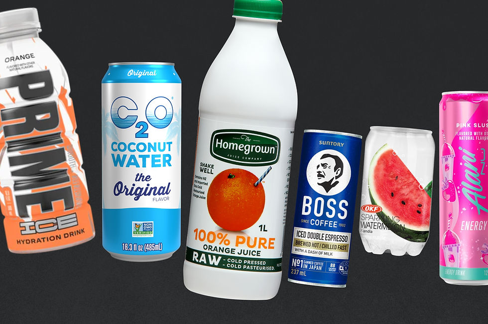 PDC Wholesale - Assorted beverages including PRIME Hydration, coconut water, orange juice, canned coffee, sparkling watermelon, and energy drinks.