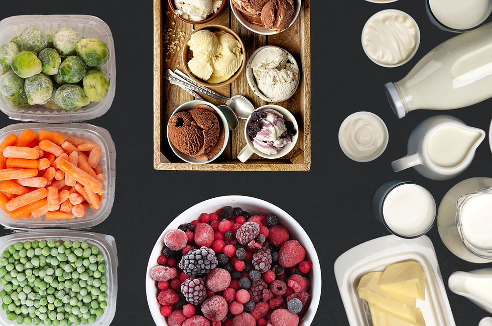 PDC Wholesale - Frozen and Chilled assortment including baby carrots, Brussels sprouts, mixed berries, ice cream, and dairy products.