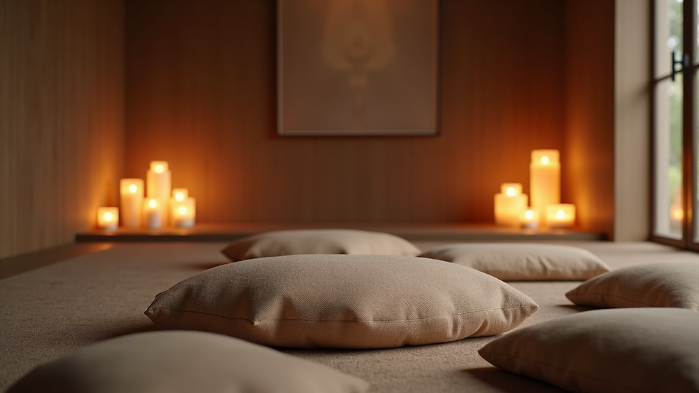 Eye-level view of a peaceful meditation corner with cushions and candles