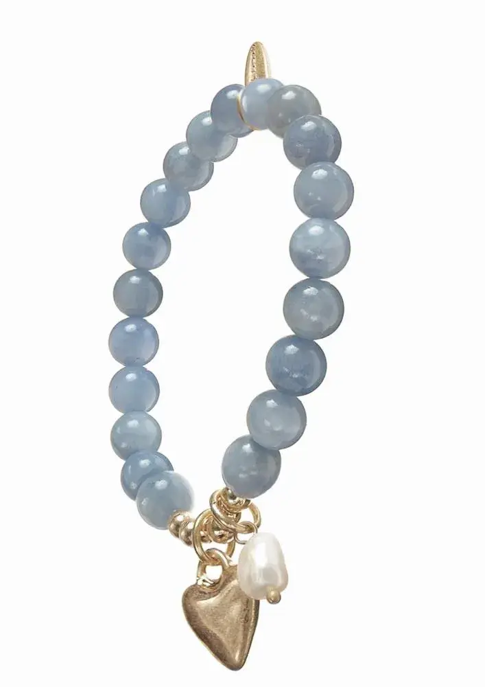 Hot Tomato- Stone Beads W/Heart & Pearls Drop - Blue/Gold Bracelet