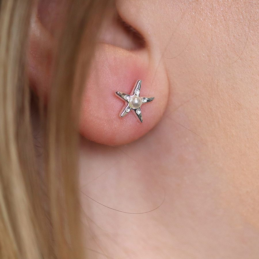 Thumbnail: POM STERLING SILVER STARFISH STUDS WITH FAUX PEARL