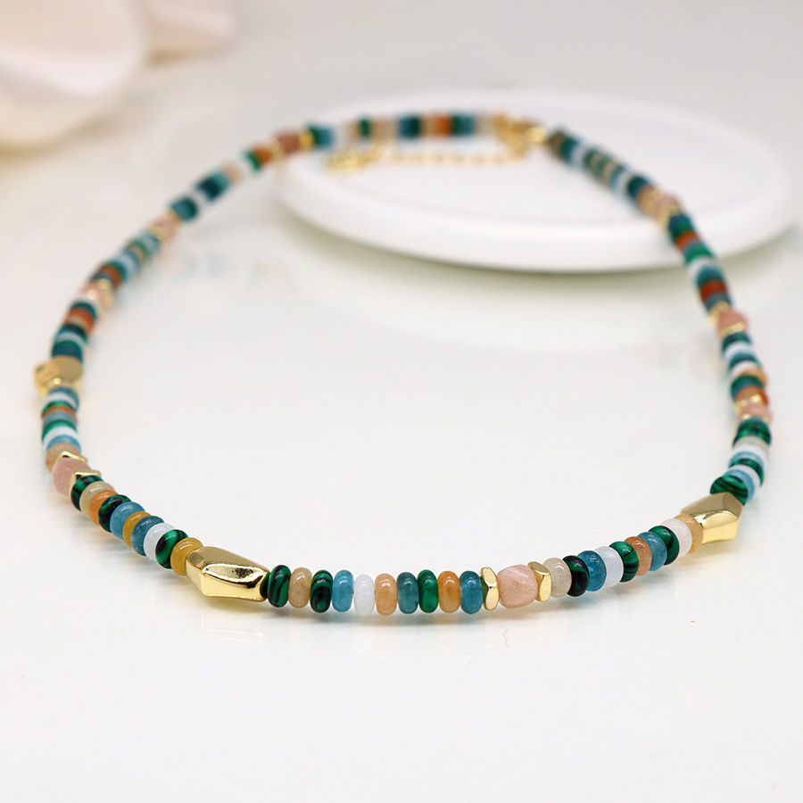 Thumbnail: POM - Blue mix bead necklace with golden pebbles