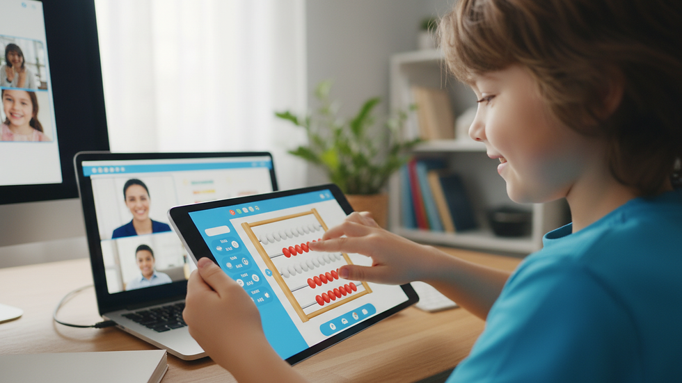 Close-up view of a child using a digital abacus on a tablet during an online class