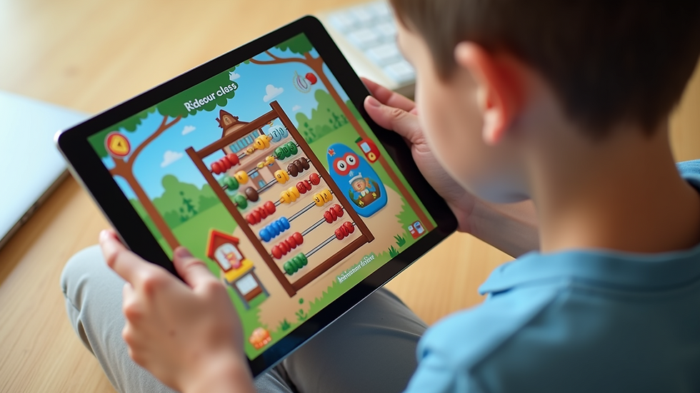 High angle view of a digital tablet showing an online abacus class interface