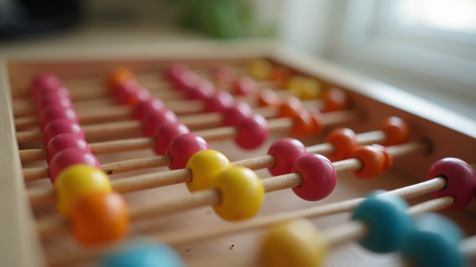 Close-up view of abacus beads arranged for calculation