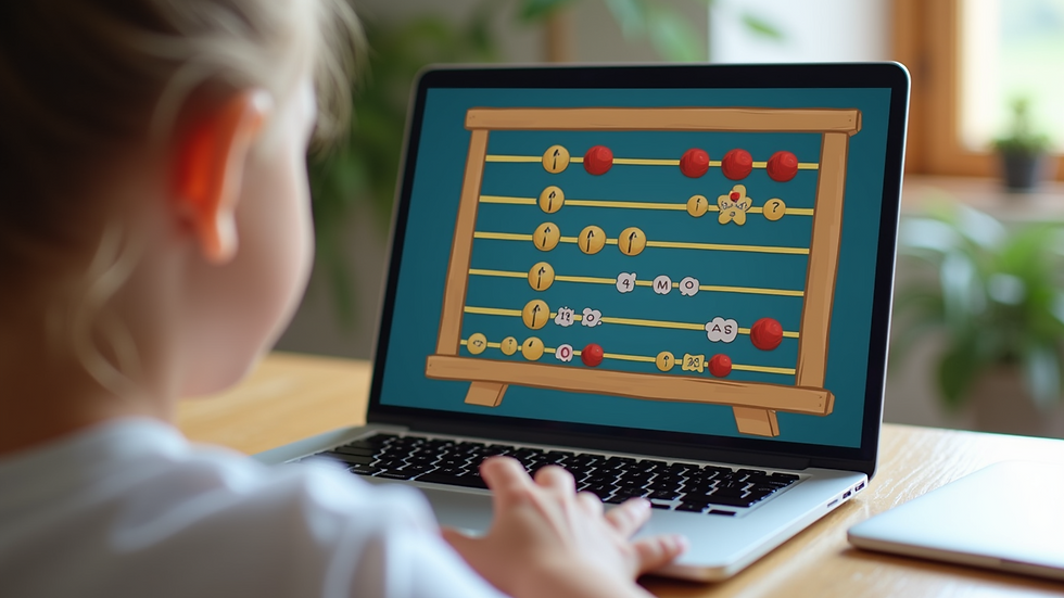 High angle view of a laptop screen showing an online abacus class