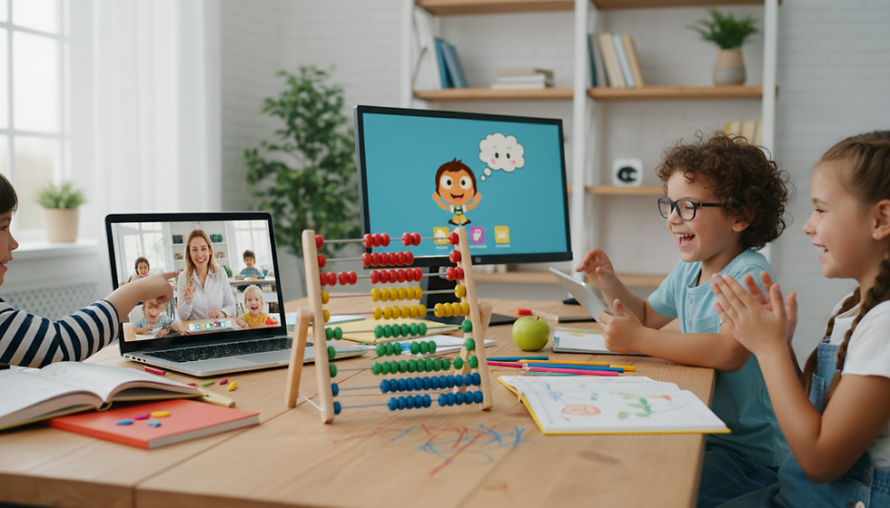 Eye-level view of a colourful abacus on a wooden table