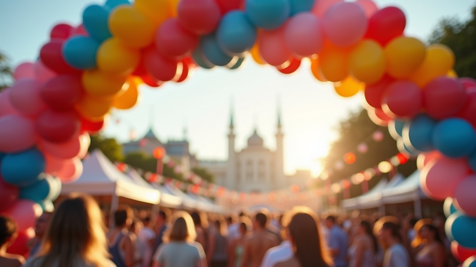 Eye-level view of a colorful balloon arch at a festive event