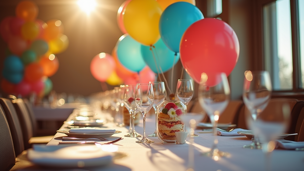 Eye-level view of vibrant balloon centerpieces on dining table