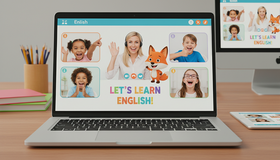Eye-level view of a laptop screen showing an online English lesson for children