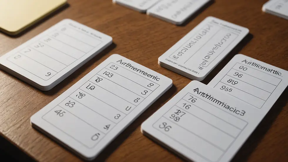 Close-up view of arithmetic flashcards on a table