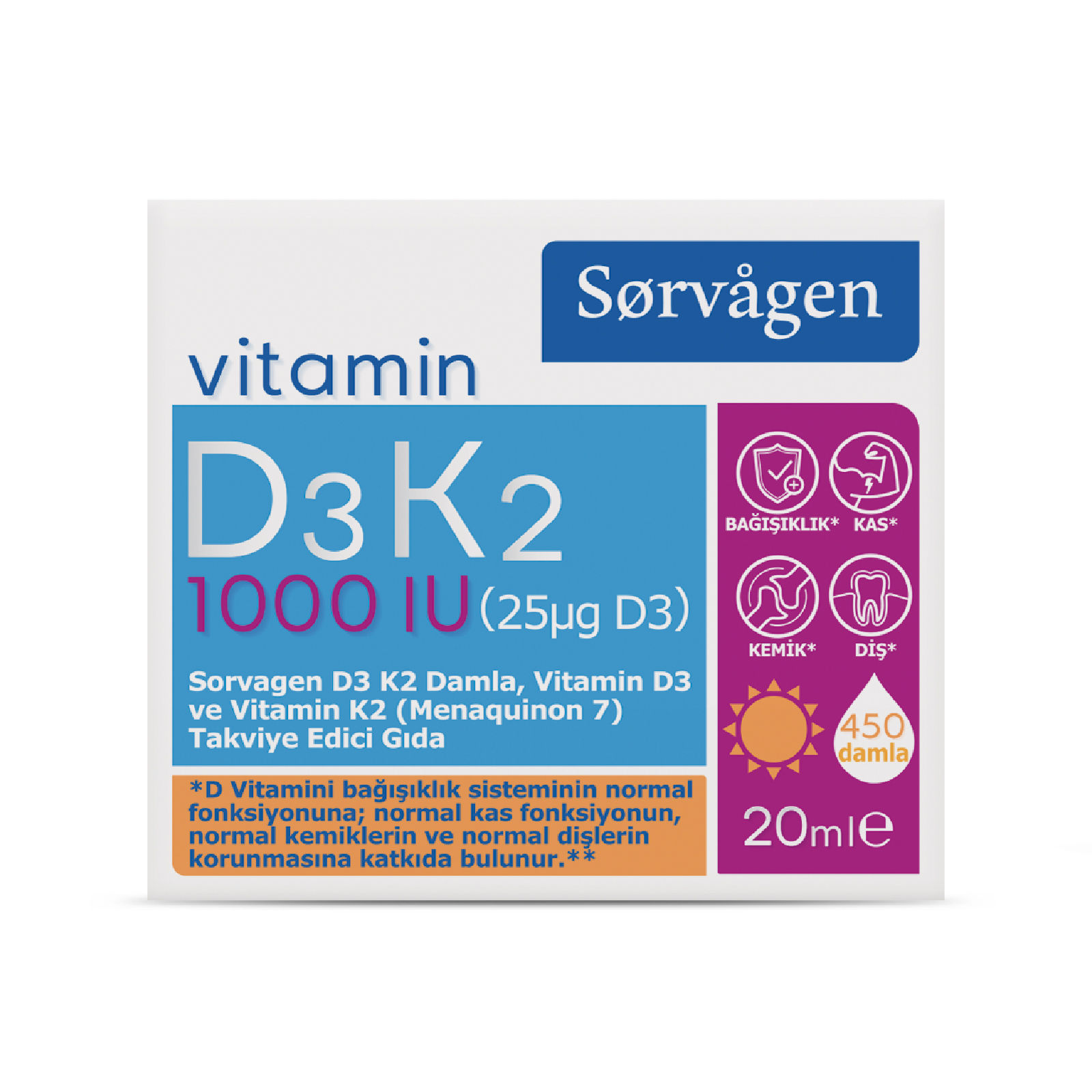Sorvagen Vitamin D3K2 Damla, Vitamin D3 ve Vitamin K2 (Menaquinon 7)-20 ml