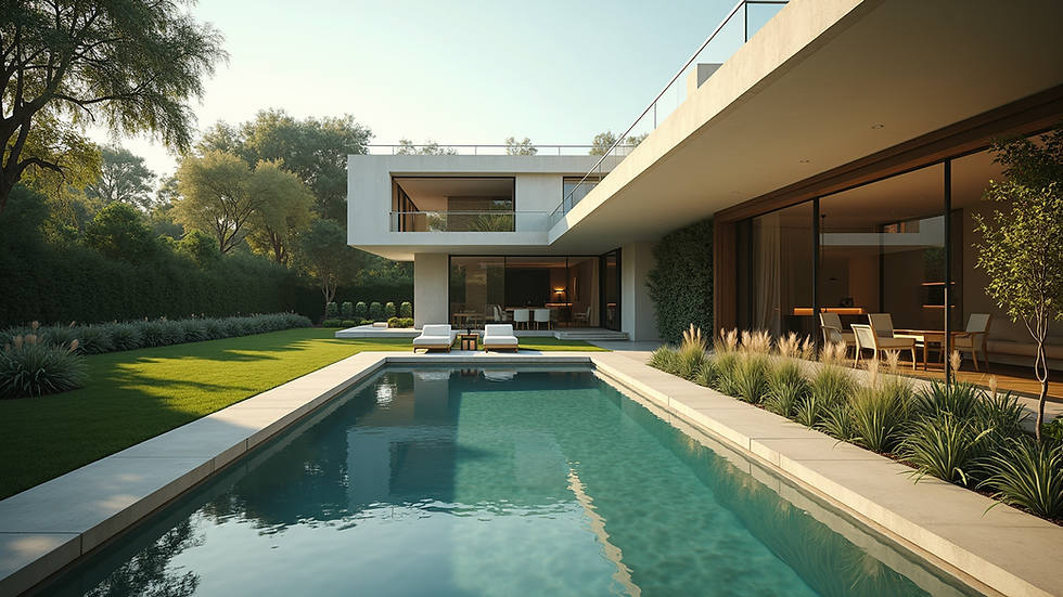 Eye-level view of a luxurious modern home with a beautiful garden