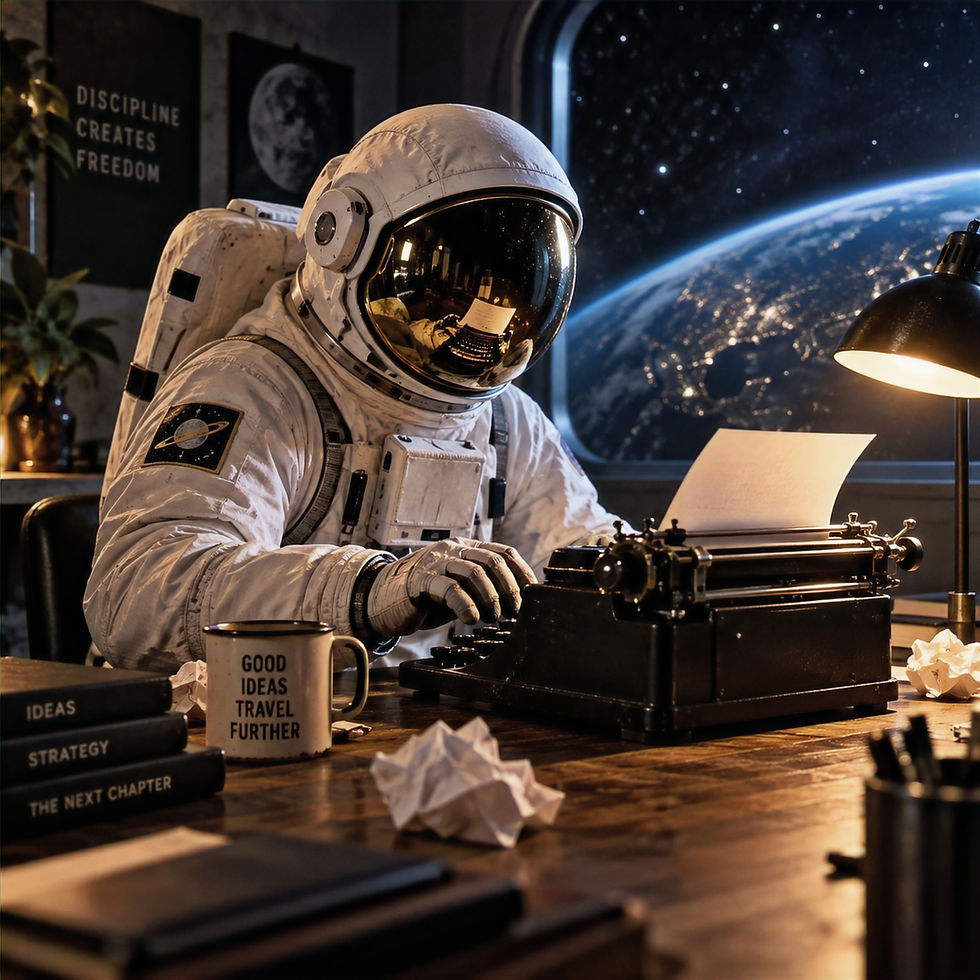 Copywriter astronaut working on a typewriter