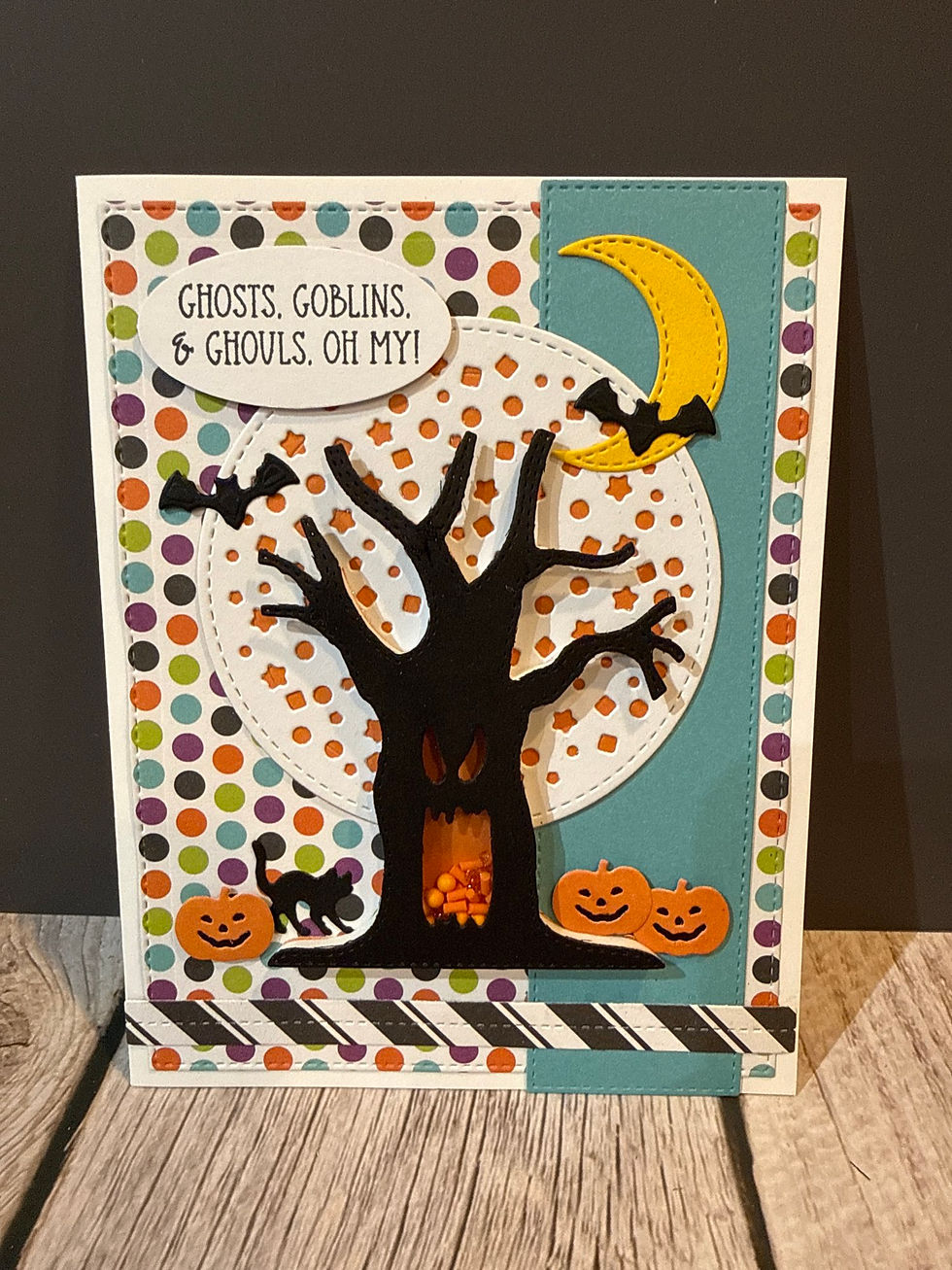 Handmade halloween tree card; team with multi color dots background
