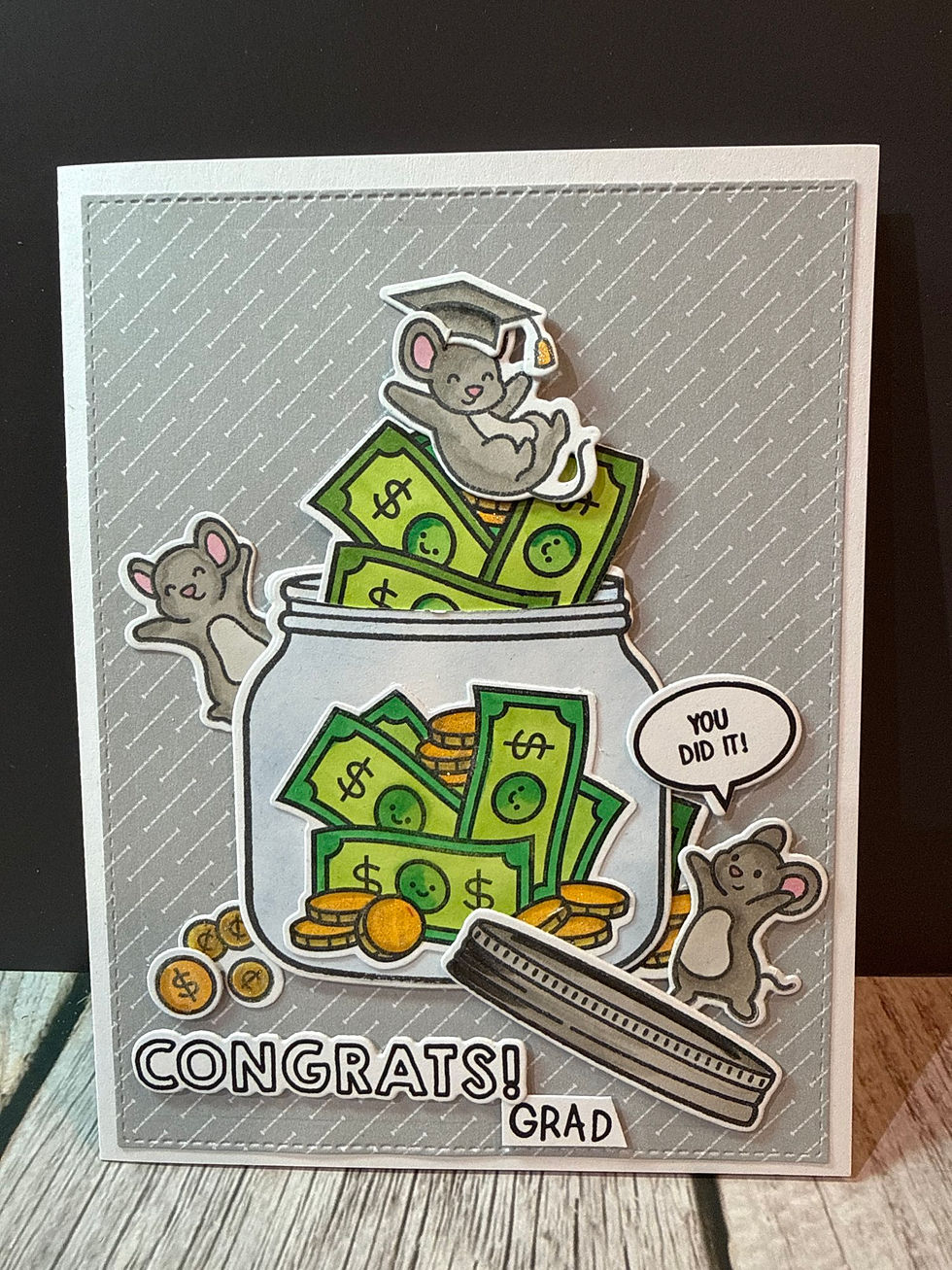 Cartoon mice, money jar, "CONGRATS GRAD!" and "YOU DID IT!" on gray card.
