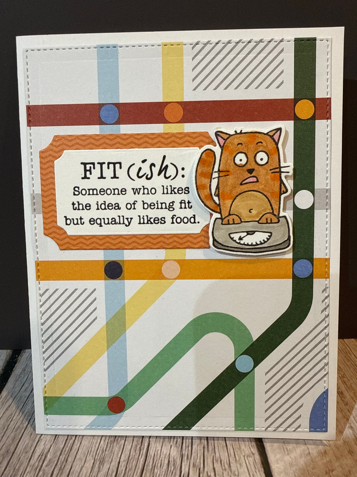 Multi color pipe background with die cut cat on scale