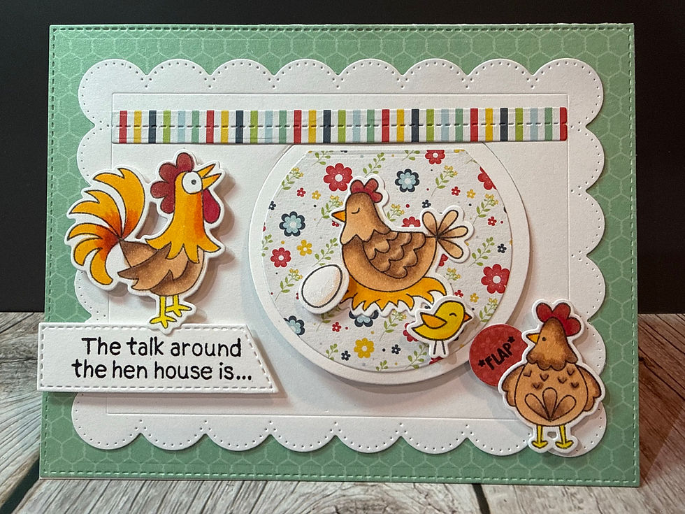 Mint background with die cut rooster and chickens and flap that lifts for more chickens